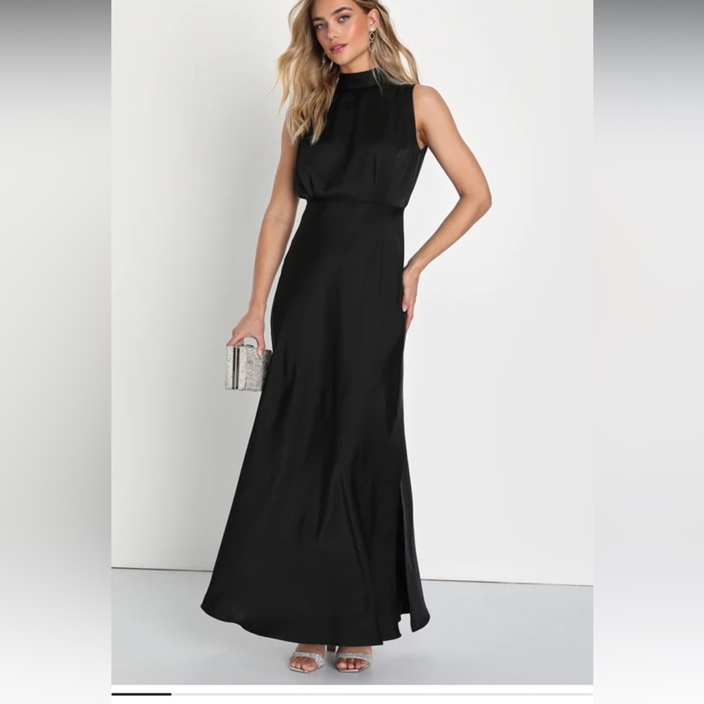 Lulus mock deck satin black dress.